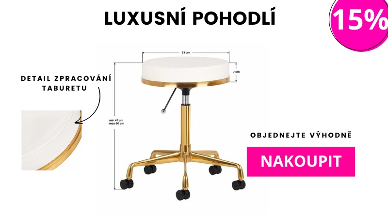 Luxusní kosmetický taburet s detailním zpracováním, nastavitelnou výškou a kolečky pro snadný pohyb, ideální volba pro profesionální salony. Sleva 15 %.